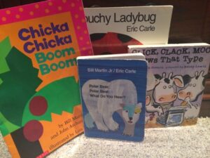A collection of children’s books with repetitive language, including "Chicka Chicka Boom Boom" and "Polar Bear, Polar Bear, What Do You Hear?"
